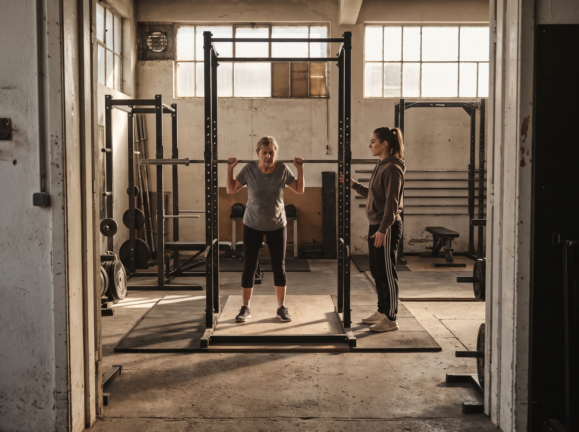 Inside the same door: daylight across a concrete floor, black racks, and a woman in her sixties setting up under an empty bar with a coach standing a pace away