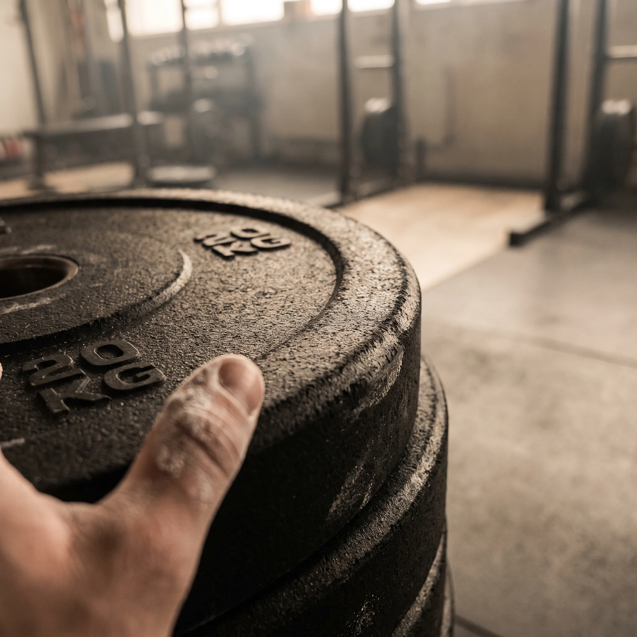 A chalked thumb resting on the rim of a black bumper plate, chalk dust in the grooves